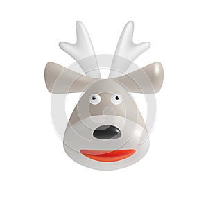 Cartoon Deer Face. 3D icon of a funny smiling deer head isolated on white background. Xmas symbol. Cute Cartoon Design Element for