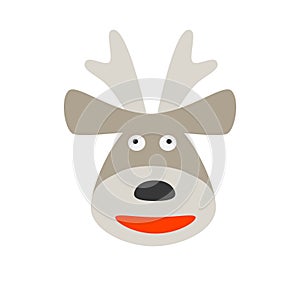 Cartoon Deer Face. Flat icon of funny deer head isolated on white background. Xmas symbol. Cute Cartoon Design Element for