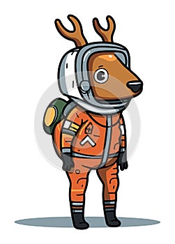 Cartoon deer in orange spacesuit with helmet, standing astronaut animal character. Cute space exploration and adventure