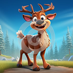 Hyper-realistic Cartoon Deer In A Forest: Detailed And Expressive Reindeer Character photo