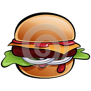 Cartoon delicious classic American cheese burger with vegetables
