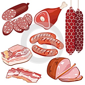 Cartoon delicious meat products. Vector illustration set.