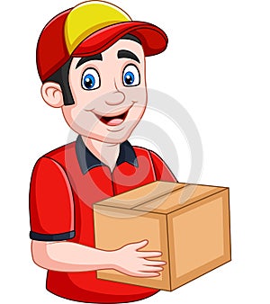Cartoon delivery courier holding cardboard boxes