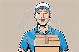 A cartoon delivery man with electric blue sleeve holds a cardboard box, smiling