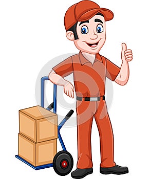 Cartoon delivery man leaning on packages and giving a thumb up