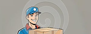Cartoon delivery man wearing helmet and smiling, holding a cardboard box