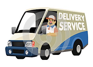 Cartoon delivery service worker driving the delivery truck van