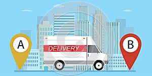 Cartoon delivery truck on city skyscrapers background. Fast delivery concept banner. Big  navigation pointers. Courier vehicle