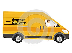 Cartoon delivery truck van with courier isolated on white background. Yellow truck express delivery. Courier sitting in