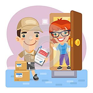 Cartoon Deliveryman and Customer
