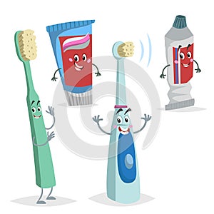 Cartoon dental care characters set. Comic toothbrush, ultrasound electric brush, tooth paste tubes. Medicine and health care educa