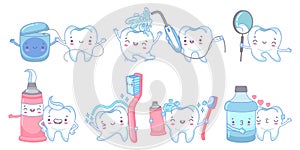 Cartoon dental care. Teeth cleaning with toothpaste and toothbrush. Dental water jet, floss and mouth rinse with tooth