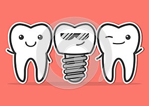 Cartoon dental implant and teeth.