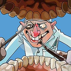 Cartoon dentist with tools looks into the open mouth