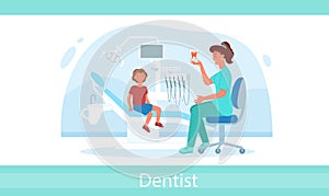 Cartoon dentistry doctor examination with woman medical worker and boy child isolated on white. Kid visits dental