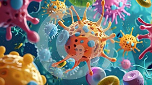 A cartoon depiction of endocytosis in action with a comical cell engulfing various everyday objects photo