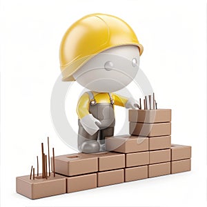 Cute Construction Worker Building a Brick Wall