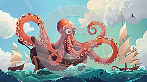 This cartoon depicts a giant octopus, the legendary Kraken of Scandinavian folklore. It extends tentacles over a wooden