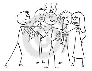 Cartoon of Depressed Man in Debts Surrounded by Group of his Debtors Requesting Money