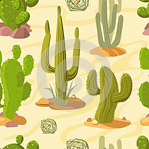 Cartoon desert cacti seamless pattern. Hot arid climate zone elements. Drought scenery. Sand dunes and tumbleweeds