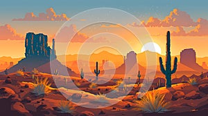 Cartoon desert landscape with cactus, hills, sun and mountains silhouettes background AI generated