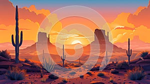 Cartoon desert landscape with cactus, hills, sun and mountains silhouettes background AI generated