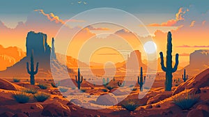 Cartoon desert landscape with cactus, hills, sun and mountains silhouettes background AI generated