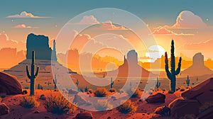 Cartoon desert landscape with cactus, hills, sun and mountains silhouettes background AI generated