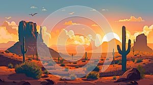 Cartoon desert landscape with cactus, hills, sun and mountains silhouettes background AI generated