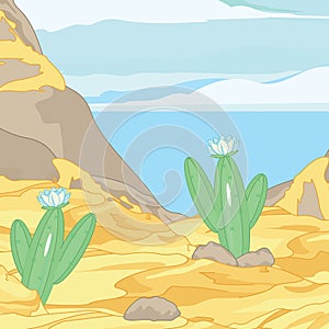 Cartoon desert landscape with cactus and mountains