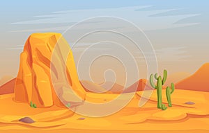 cartoon desert panorama with cactuses and rocks