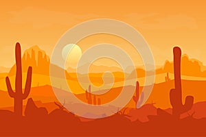 Cartoon Desert with Silhouettes Cactus and Mountain. Vector