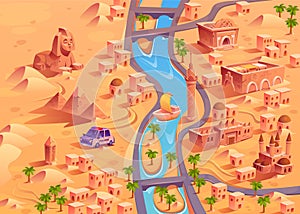 Cartoon desert town with river and pyramids