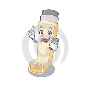 Cartoon design of asthma inhaler speaking on a phone