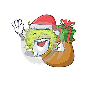 Cartoon design of bacteria coccus Santa with Christmas gift photo
