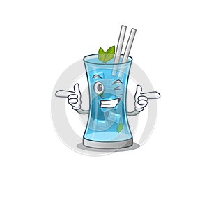 Cartoon design of blue hawai cocktail showing funny face with wink eye
