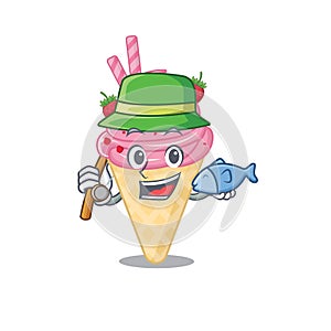 Cartoon design concept of strawberry ice cream while fishing