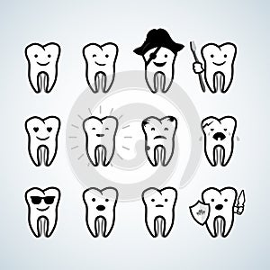 Cartoon design cute tooth character with different facial expressions, emotions.