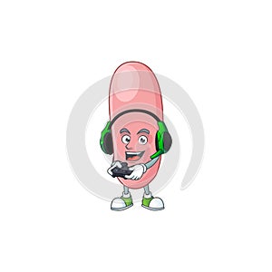 A cartoon design of legionella pneunophilla talented gamer play with headphone and controller