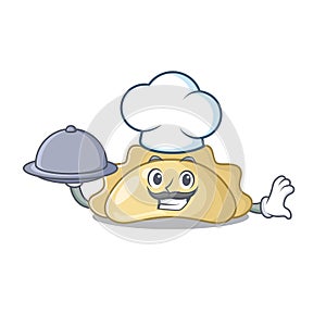 Cartoon design of pierogi as a Chef having food on tray photo