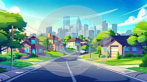 This cartoon design shows a neighborhood cottage in the suburbs surrounded by a rural house on a street with a yard and