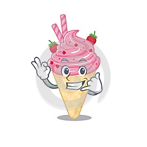 Cartoon design of strawberry ice cream with call me funny gesture