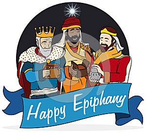 Cartoon Design with the Wise Men and Ribbon for Epiphany, Vector Illustration