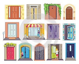 Cartoon designs entrance doors set, vector illustration. Stylish wooden doors in city apartment. Entrance from street