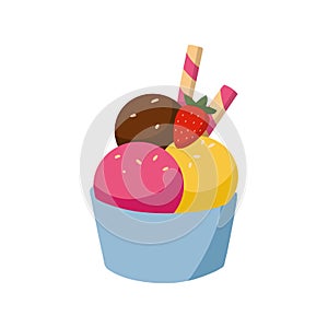 Cartoon dessert. Bowl of ice cream balls. Isolated icon for the summer menu. Minimal elegant illustration