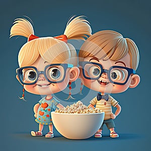 Cartoon detailed realistic character of a cute blonde girl and boy standing next to a bowl of popcorn on a blue