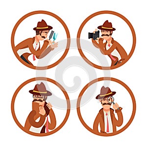 Cartoon detective avatars vector set