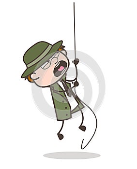 Cartoon Detective Falling Down from Rope Vector Illustration