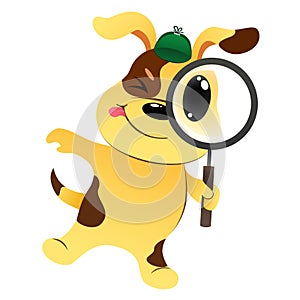 Cartoon detective little dog with a magnifying glass