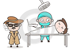Cartoon Detective in Operation Theater to Get Some Clue Vector Concept